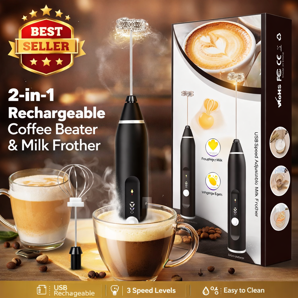 2-in-1 Rechargeable Coffee Beater & Milk Frother – USB Handheld Mixer