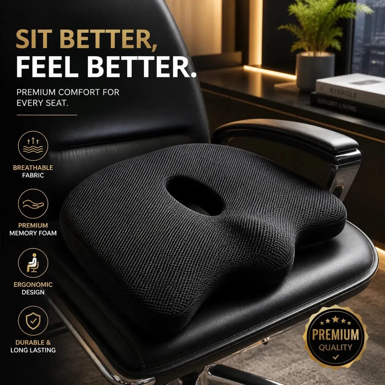 Orthopedic Memory Foam Seat Cushion – Back & Tailbone Pain Relief for Car Seats, Office Chairs & Home Use