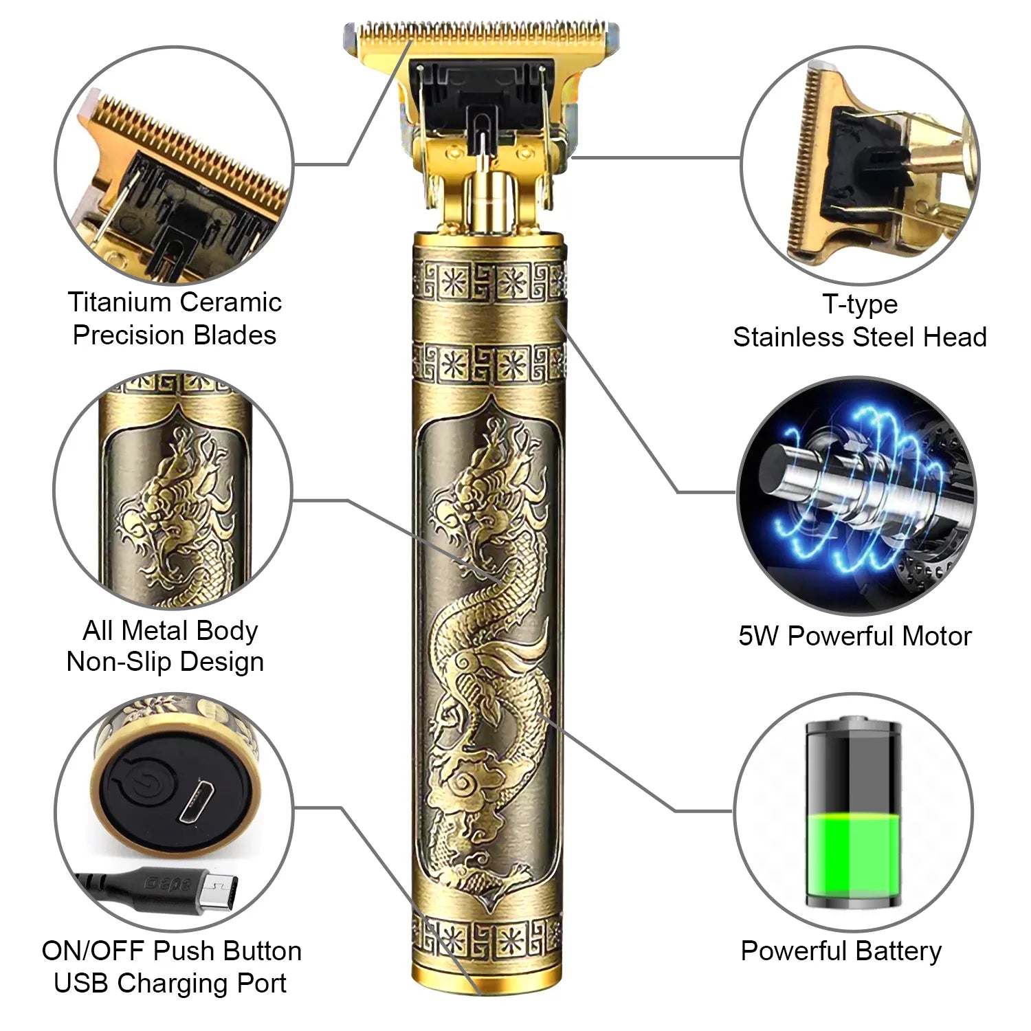 T9 Vintage Hair Trimmer for Men | Rechargeable Cordless Hair Clipper & Beard Shaver